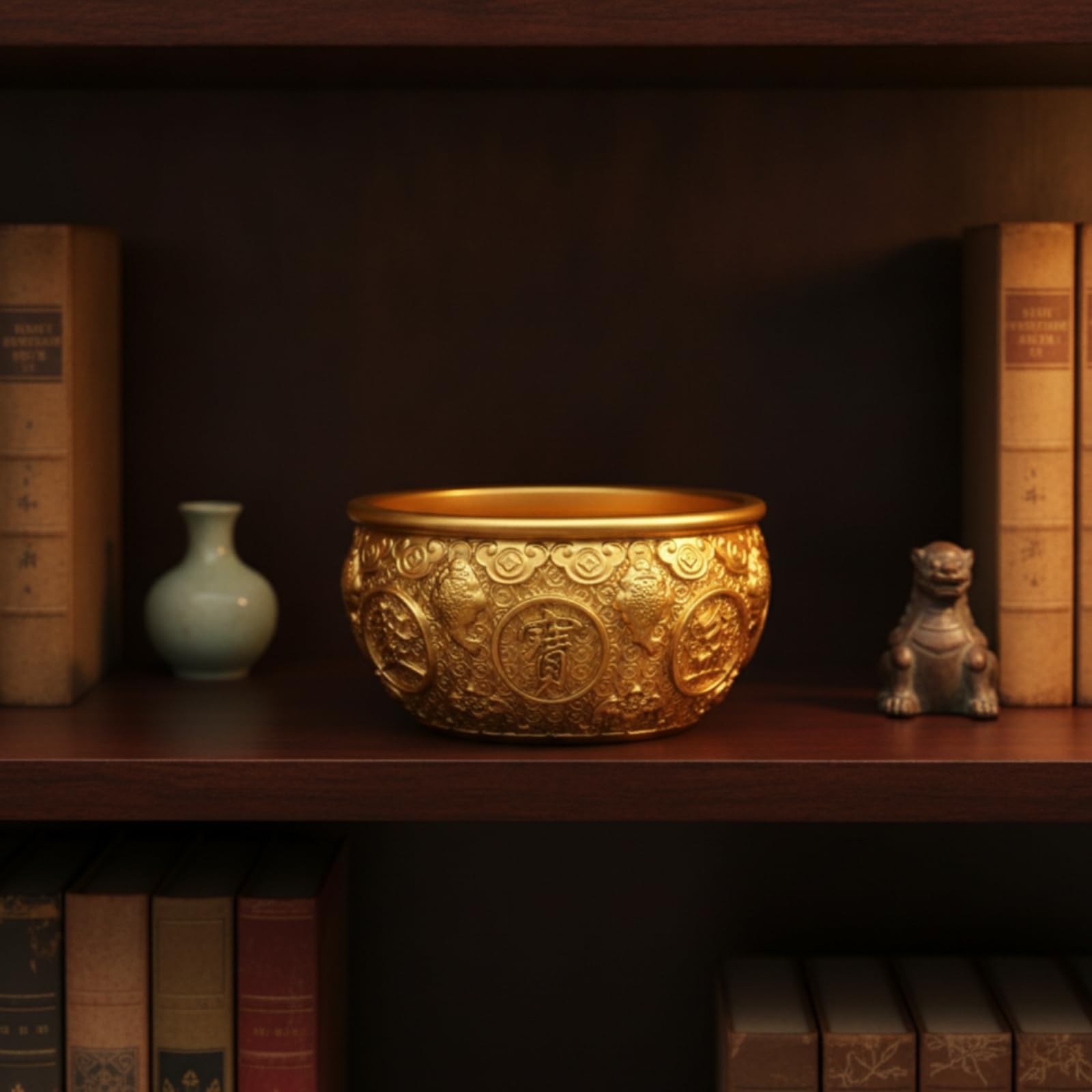 Ciotola del Tesoro Compatto Ciotola di Ottone Pesante Ornamento da Tavolo per Soggiorno, 4 Pollici, Vaso del Tesoro Jinchan con Coperchio Stile Anticato