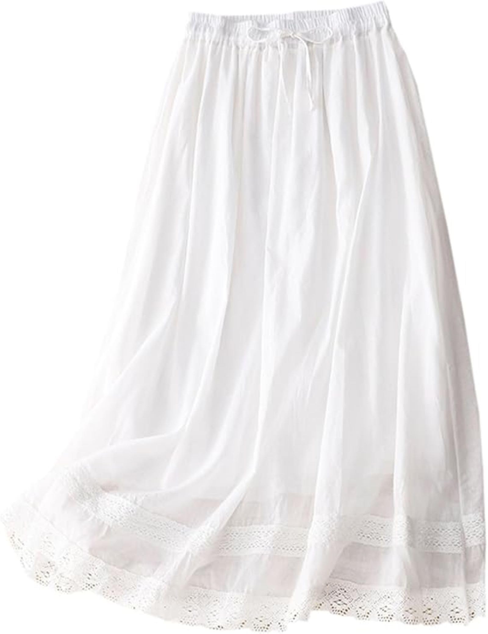 Women's Lace Cotton Linen Midi Skirt High Waisted A Line Flowy Swing Boho Long Skirts