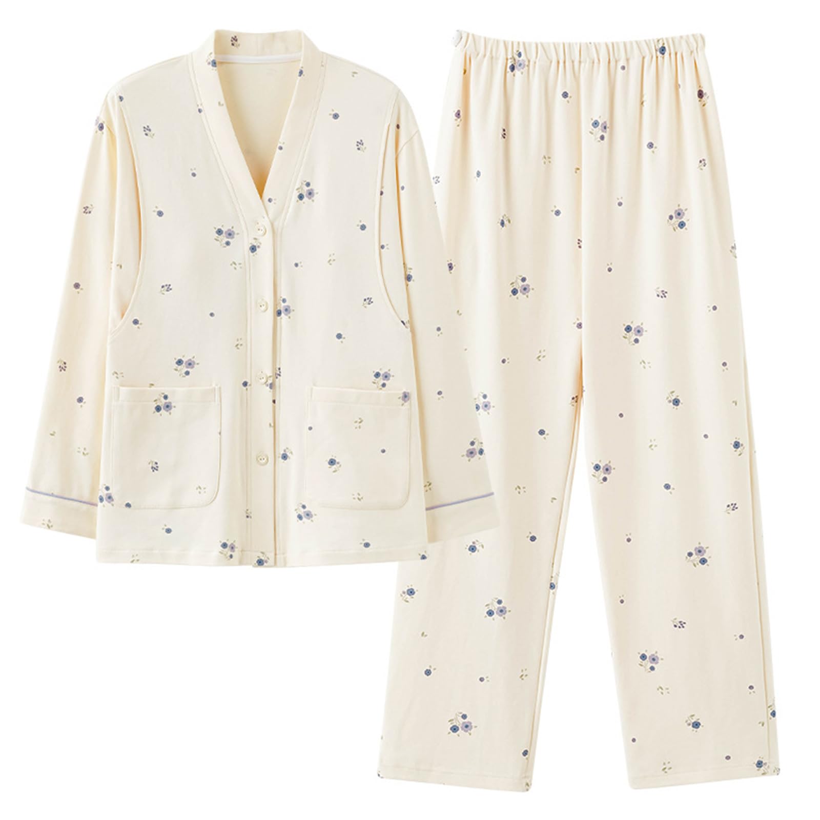 XAGMODSHN Conjunto de pijama de algodón suave para lactancia, pijama de manga larga con brasier integrado para mayor comodidad en otoño e invierno. Pijama de algodón