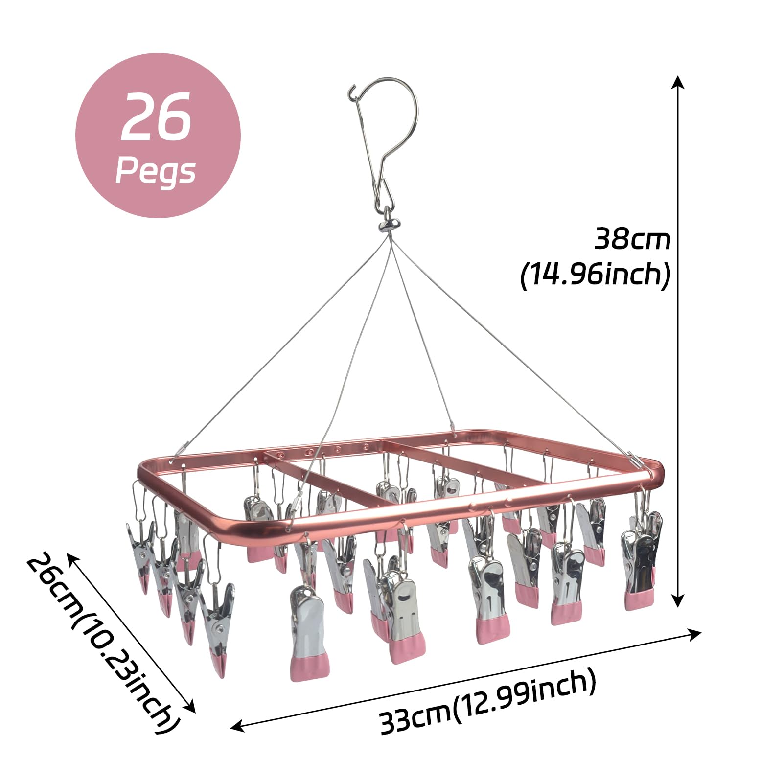 Roellgs Sock Dryer, Aluminum 32 Pegs Sock Hanger for Washing Line, Clothes Drying Rack with Windproof Hook, Hanging Clothes Airer for Socks, Underwear, Baby Clothes & Hats (pink) - Image 2