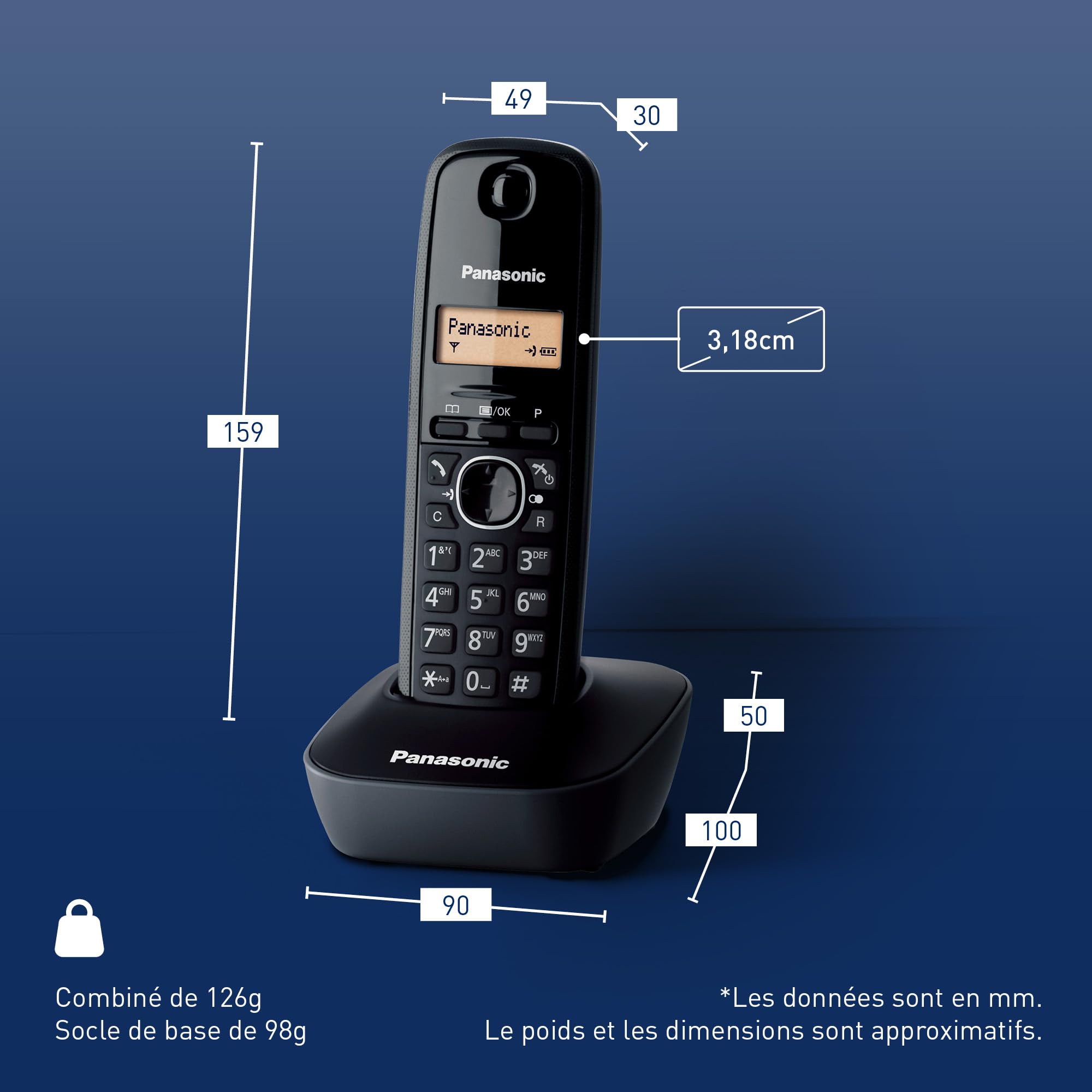 Panasonic KX-TG1611FRH Téléphone Solo sans Fil DECT sans répondeur Noir [Version Française]