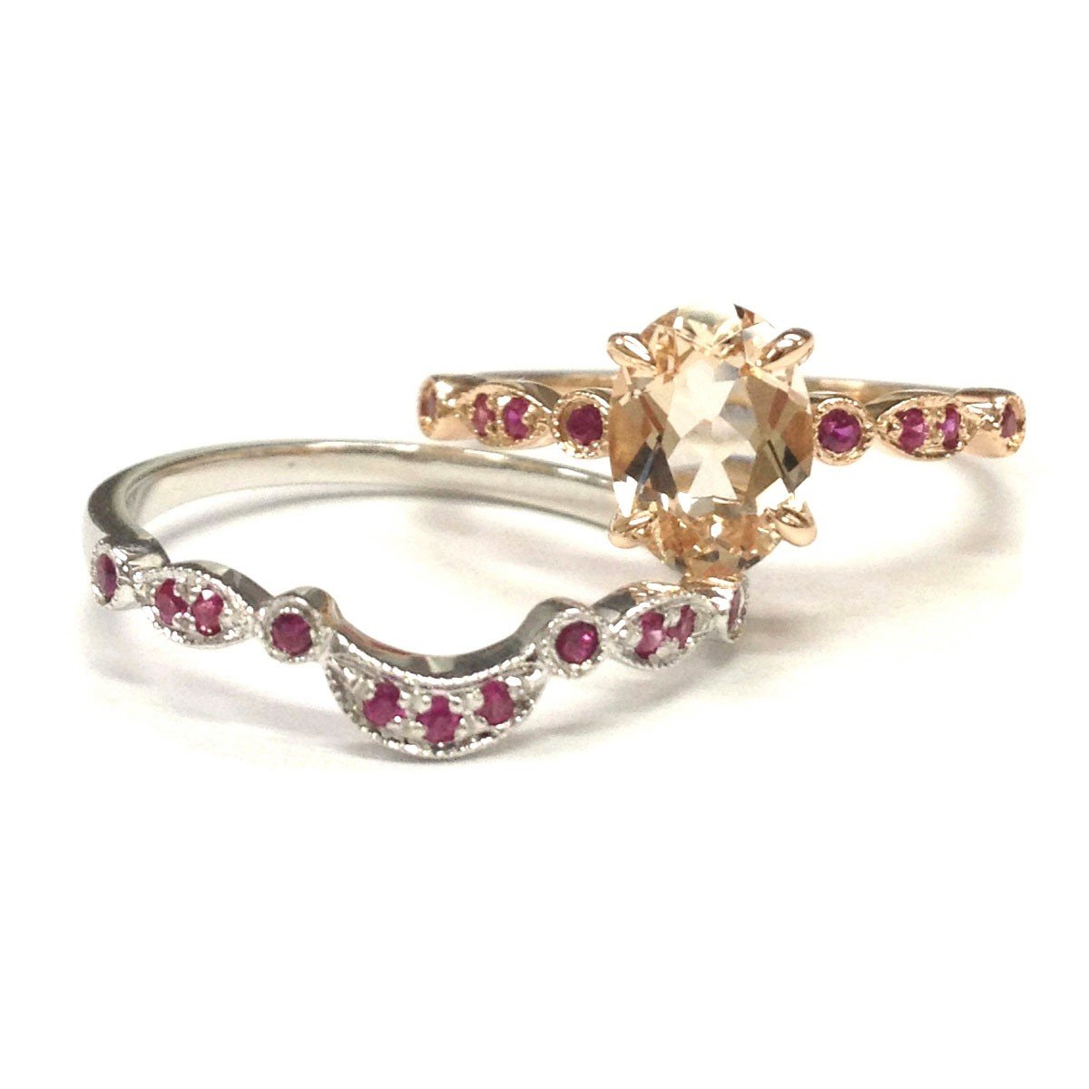 LOGR-Ring SetsOval Cut Morganite Engagement Ring Set 14K Rose/White Gold,Wedding Ruby Band,6x8mm
