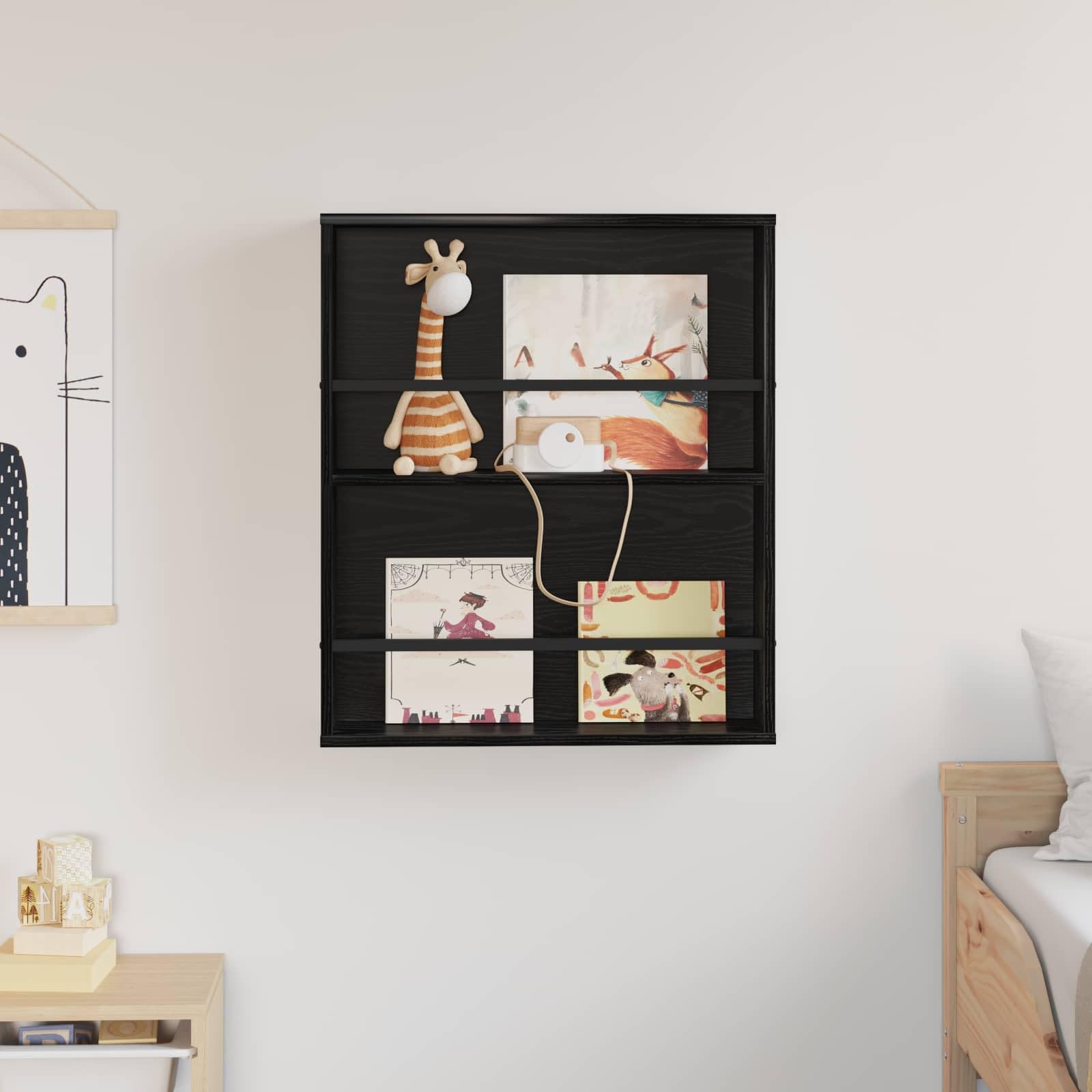 Générique Czarny dębowy stojak na czasopisma ścienny 60 x 12 x 70 cm, regulowany regał na czasopisma, nowoczesny organizer do salonu lub biura, minimalistyczny design z drewna inżynierskiego
