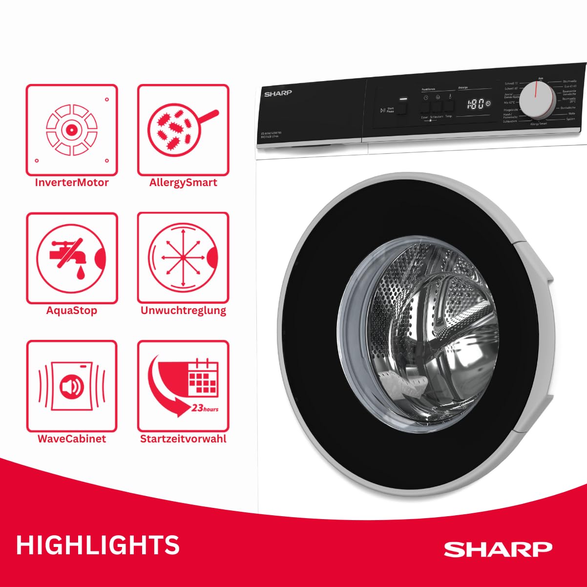 SHARP ES-NFA814BW1NA-DE Waschmaschine (8 kg, EEK A, 1400 U/min.), (Inverter Motor, AquaStop), Weiß