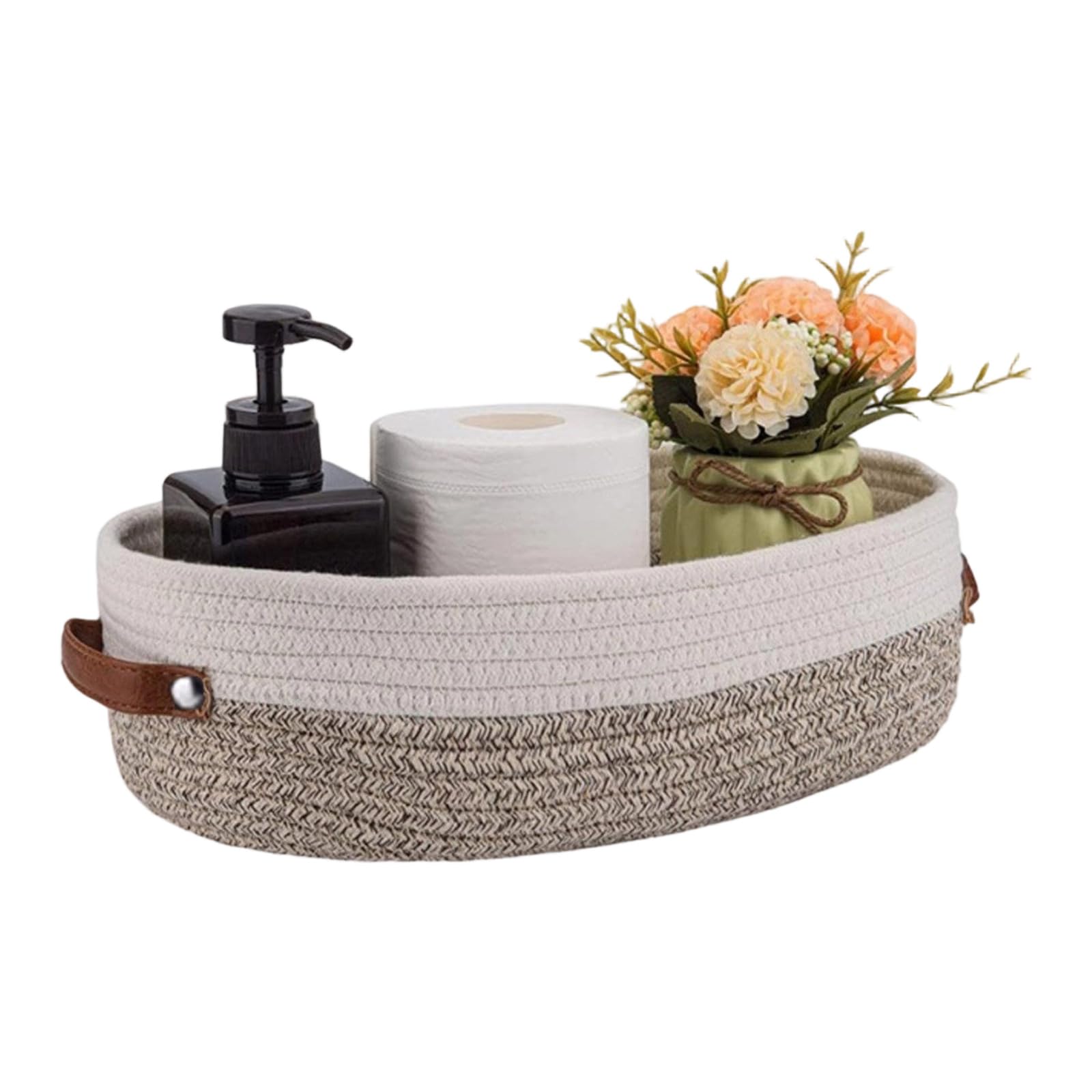 Stylish Oval Shape Handwoven Cotton Rope Basket with Soft Leather Handles for Clothes Toy Storage Cotton Rope Storage Basket with Leather Handle