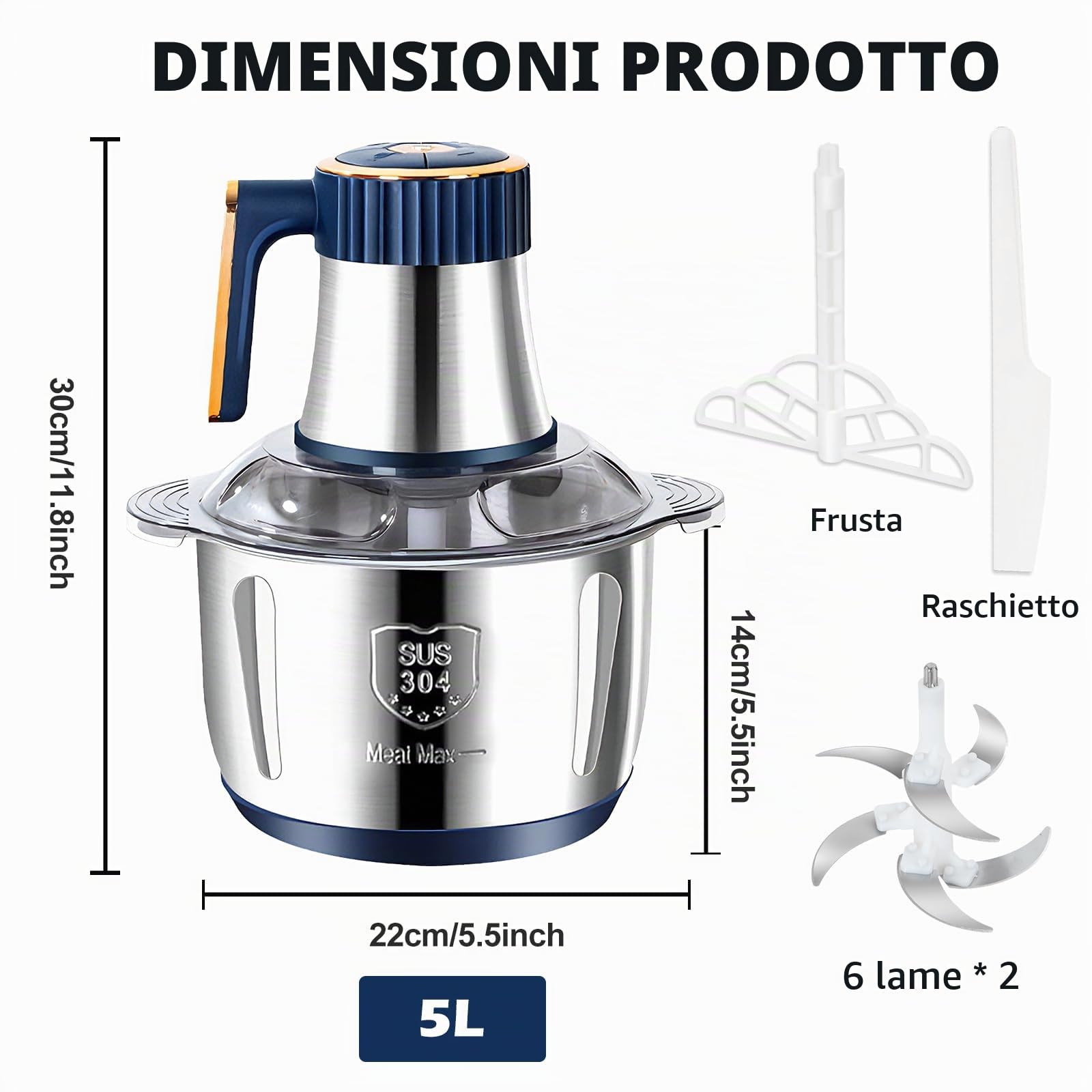 Tritatutto Elettrico 5L Frullatore Tritatutto 500W con 5 velocità, Lame in Acciaio Inox 6 Pale, Frusta e Spatola, per Carne, Verdure