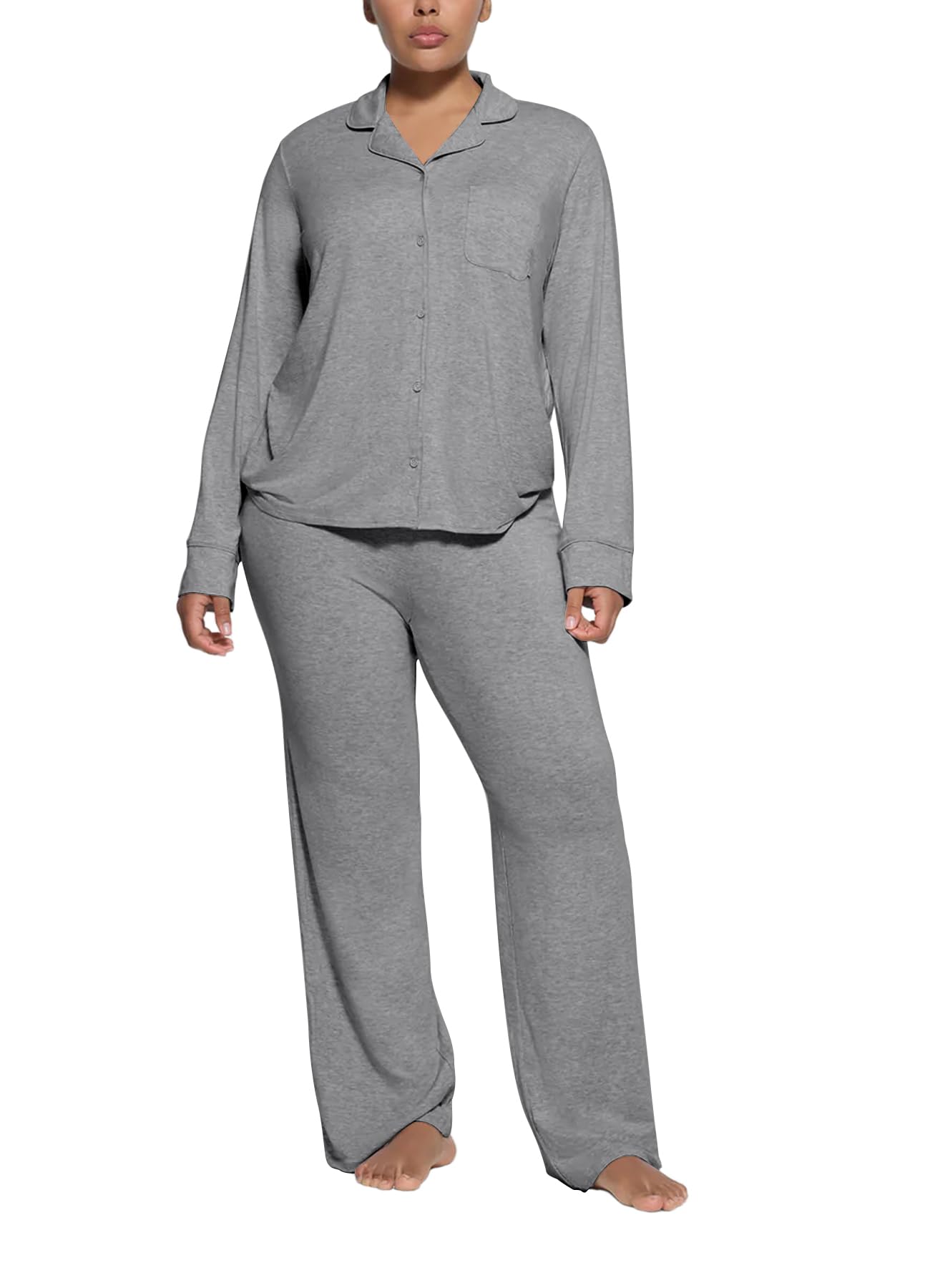 Womens Pajama Sets Long Sleeve Button Down Soft Knit Sleepwear 2 Piece Lounge Set