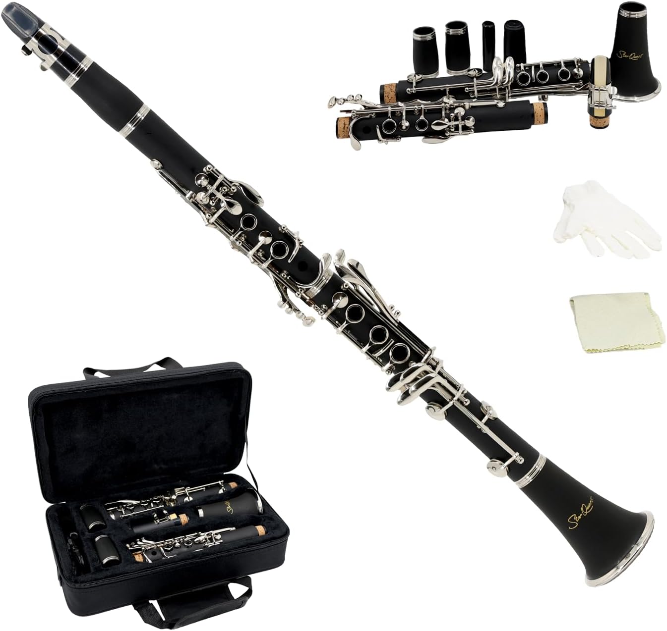 StarQuest SQ-CL250 Clarinet Set For Beginners, Protective Hard Case, Reed, Cleaning Cloth & Gloves Included, Nickel-Plated Keys & Durable ABS Construction