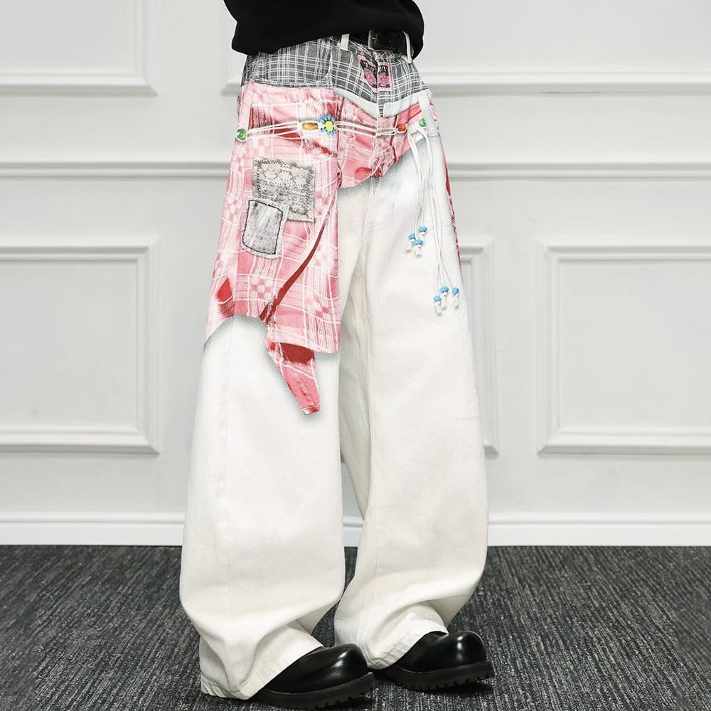 Women's High Waisted Baggy Jeans Vintage Casual White Wide Leg Trousers Ethnic Print Patchwork Distressed Pants - Image 2
