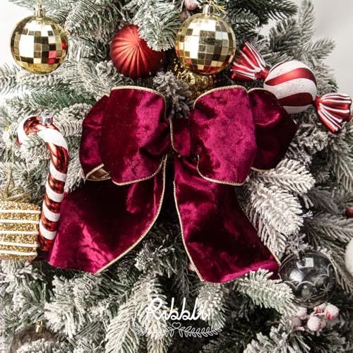 Image of Ribbli Burgundy Velvet Wired Ribbon 4 Inch Metallic Burgundy Gold Crushed Velvet Christmas Ribbon for Gift Wrapping Christmas Tree Decoration Crafts Wreaths Supplies-Continuous 10 Yards