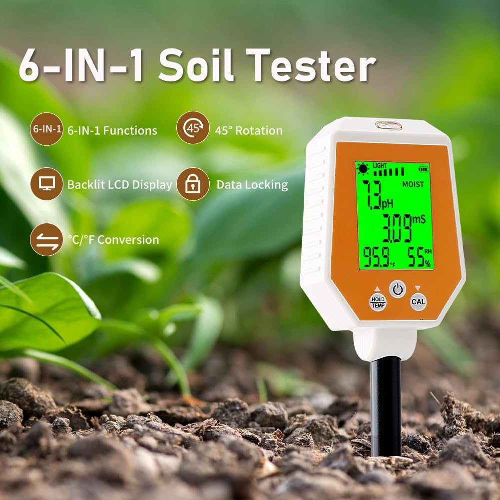 Tester gleby 6 w 1 PH/EC/wilgotność/światło słoneczne/wilgotność powietrza/temperatura PH-metr przewodności o wysokiej dokładności do ogrodnictwa i rolnictwa