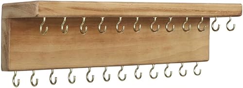 SANY DAYO HOME Organizador de joyas con 24 ganchos y estante para cosméticos, 12 x 3 x 4 pulgadas, soporte de madera de pino rústico montado en la