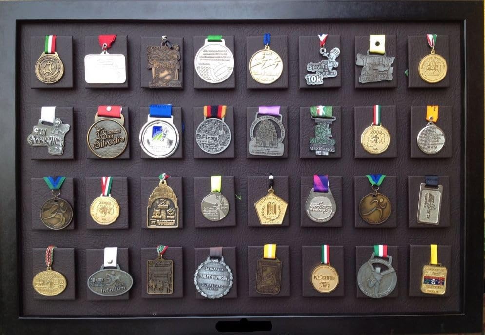 Image of Medal Display 32 Medals (Dark Brown), Marathon, Triathlon, Gymnastics, Soccer, Wrestling, Swimming, Track and Field, Martial Arts. Easy to Install, Beautifully Crafted.