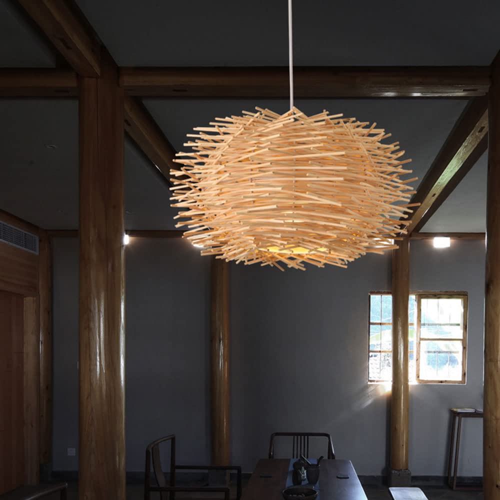 Lampada a Sospensione in Stile Cinese con Paralume Intrecciato a Nido d'uccello, Lanterna in Vimini Naturale, Finiture in Metallo Beige, Lampada a Sospensione Intrecciata a Mano per Isola Cucina