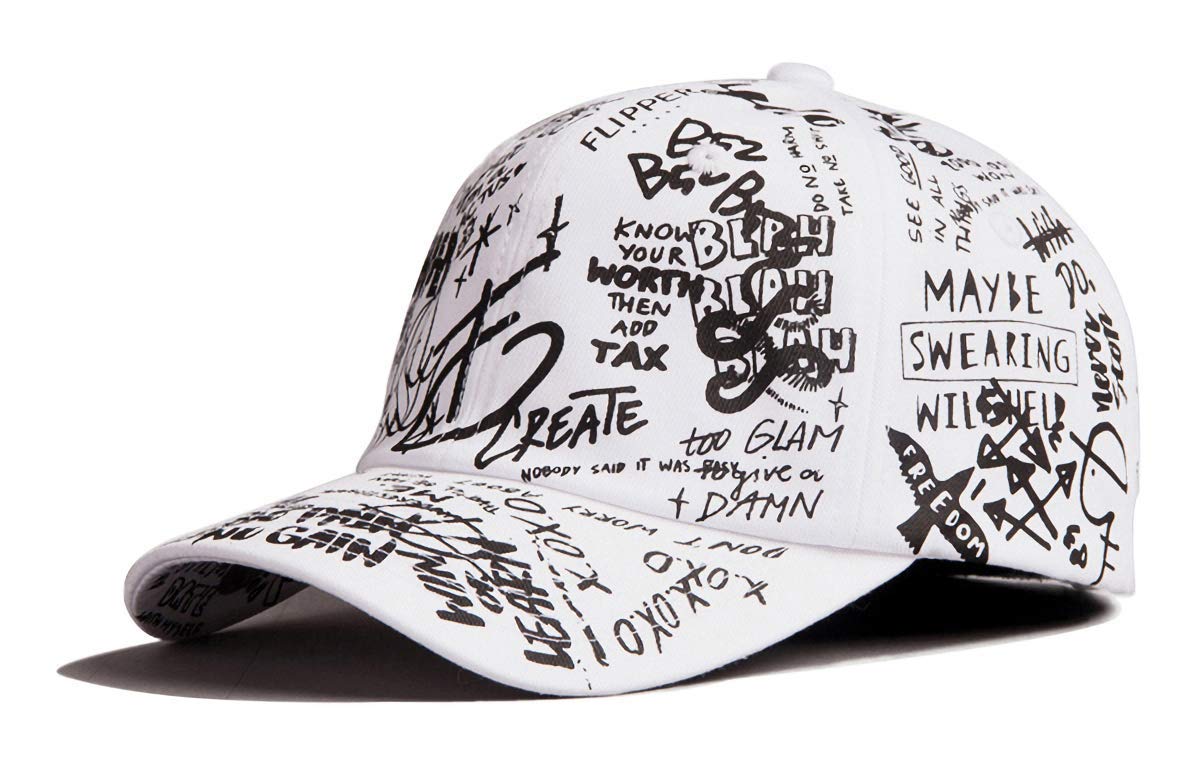 Designer Graffiti Doodle Cotton Baseball Cap for Men Women, Kpop Hat w/Curve Brim, Adjustable