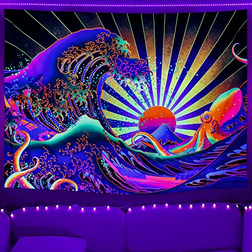 Maccyafst Blacklight Tapestry Great Wave Tapestry Uv Reactive Japanese Kanagawa Sunset Tapestry Vintage Ocean Wave Octopus Tapestry Wall Hanging For Bedroom Backdrop #TOP1