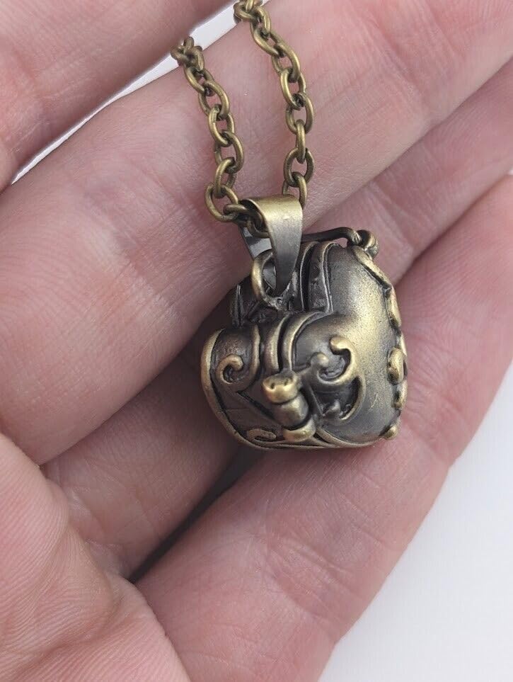 Bronze Heart Shaped Locket little prayer box pendant on 20" long chain necklace3