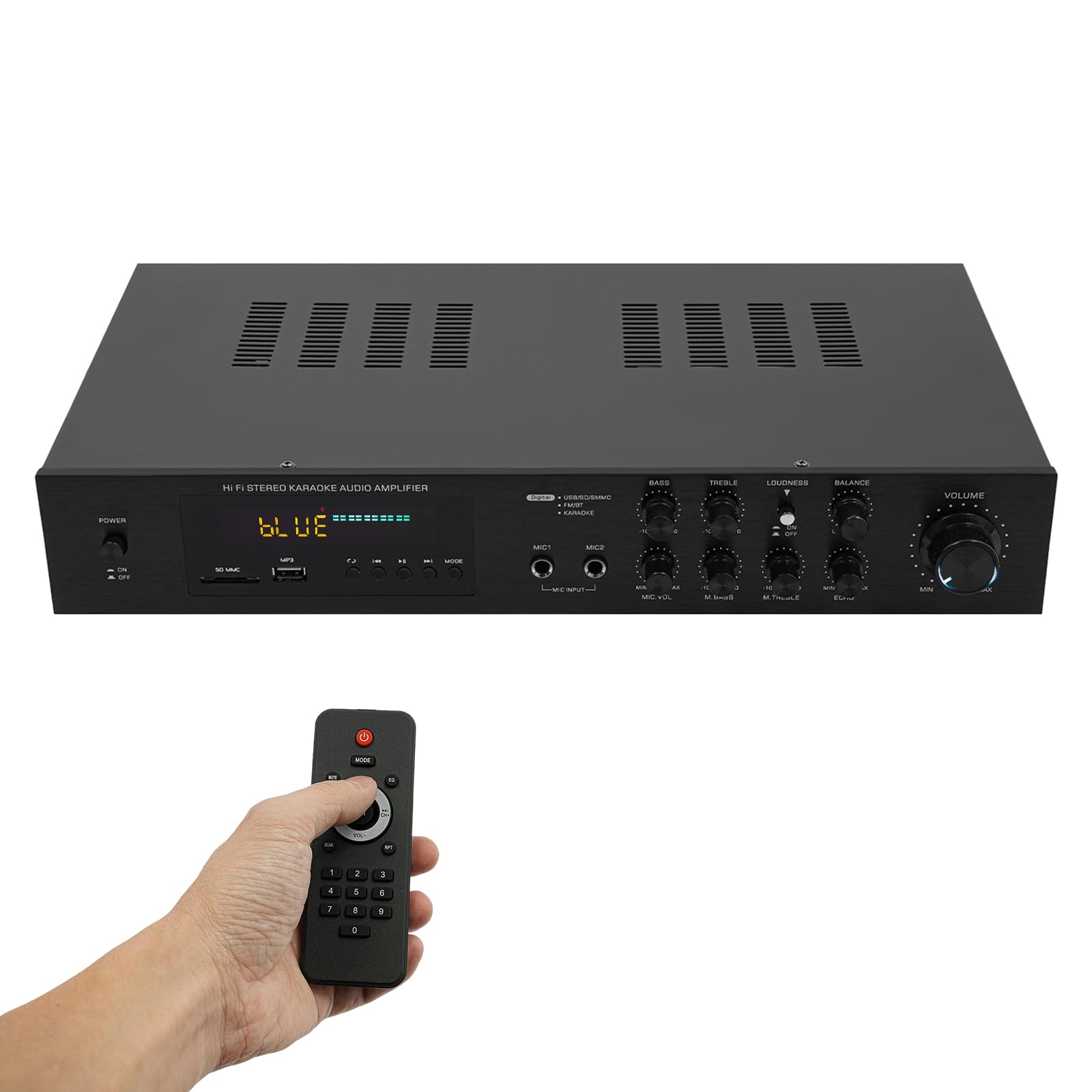Amplificador Bluetooth de 600 W, amplificador de audio con 2 entradas de micrófono, radio SD/USB/AUX/FM, factor de distorsión armónica del 0,05%, receptor estéreo HiFi para karaoke y entretenimiento