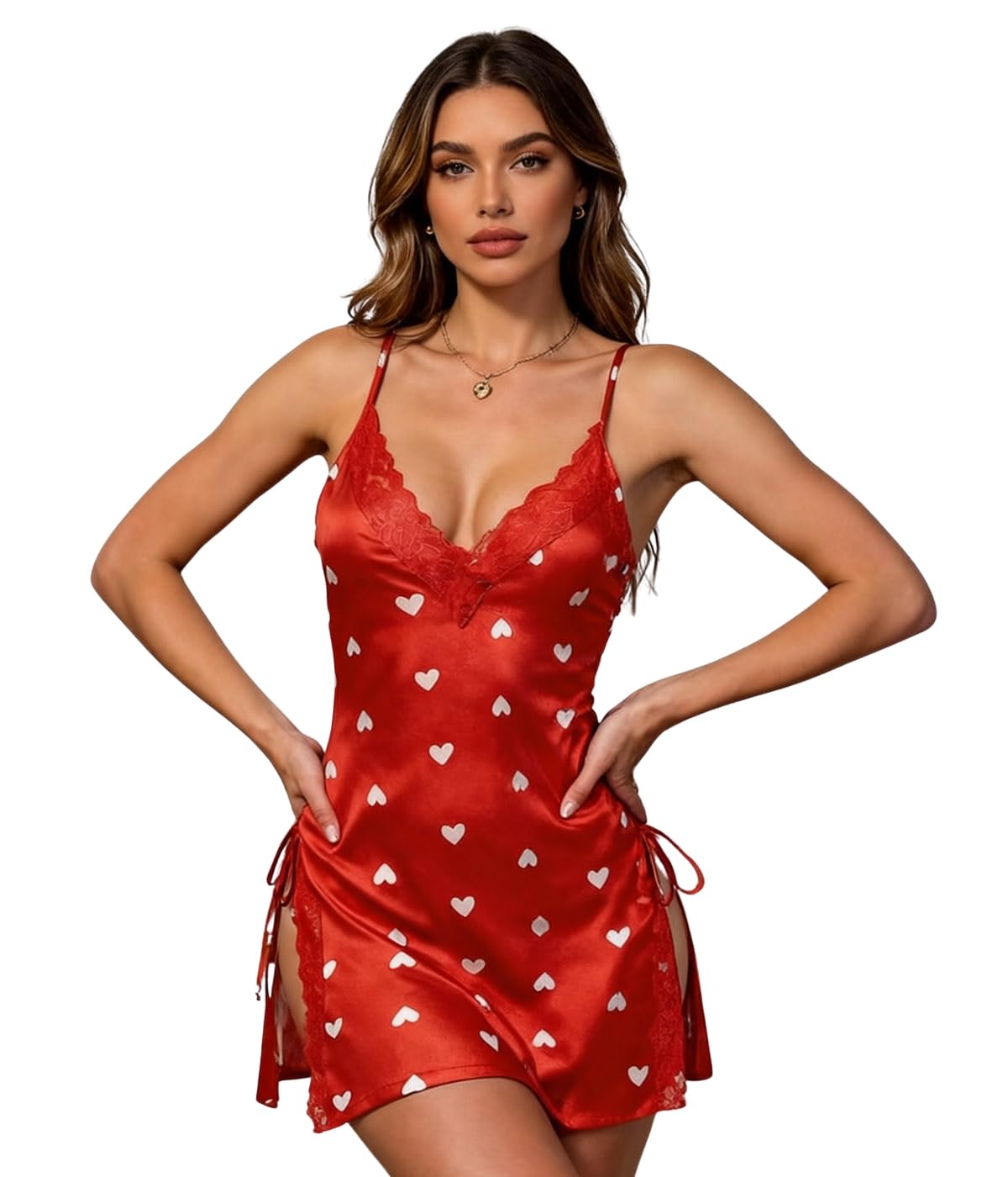 LUXZII Women Satin Babydoll Nightdress Heart Print Lace Trim Sleepwear Sexy Sleeveless Slip Dress Adjustable Strap Nighty Lingerie Chemise for Honeymoon Valentines Gift-image-1