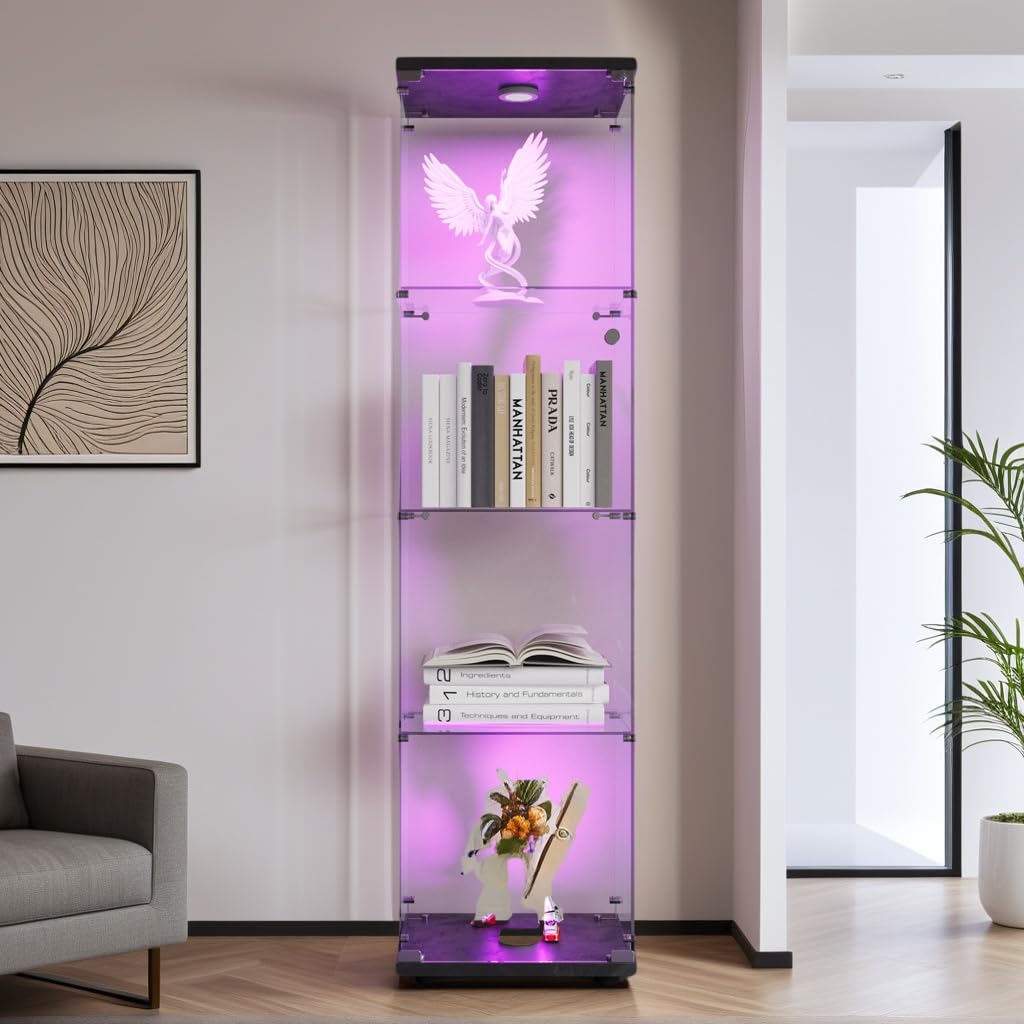 Vetrina LED in vetro con 1 anta - Mobile Collezione 4 ripiani con serratura per bar soggiorno (nero, 1 porta a 4 strati LED)