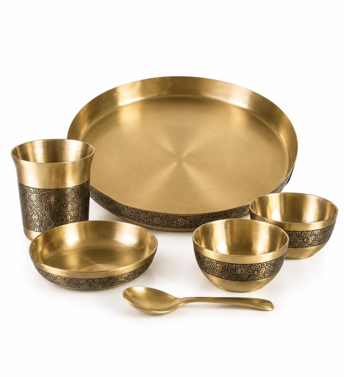 i2collections Kansa Bronze Thali Set Matte Etching Design Dinner Set with Plate Glass 2 Bowls Dessert Bowl Spoon Ayurvedic Traditional Indian Serveware Handmade Gift Set for Home Dining Festival Use