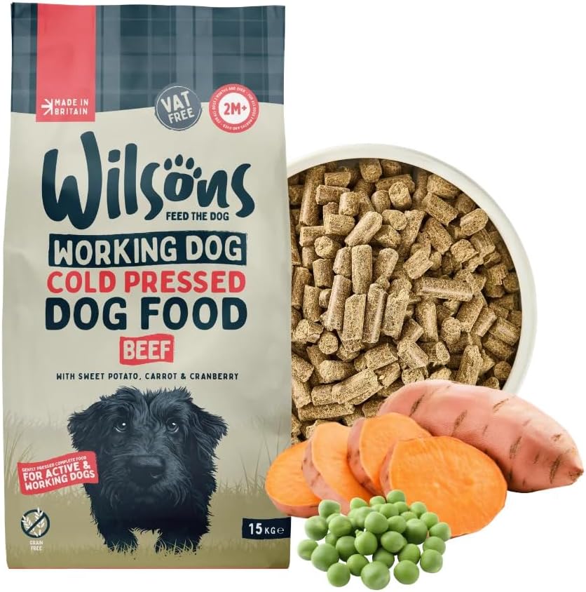 Wilsons - Cold Pressed Dog Food - Complete Dry Meal with Natural, Hypoallergenic, Grain Free Ingredients, Best Introduced Gradually, Suitable for Adult Dogs and Puppies 2 Months + (Beef) (15kg)