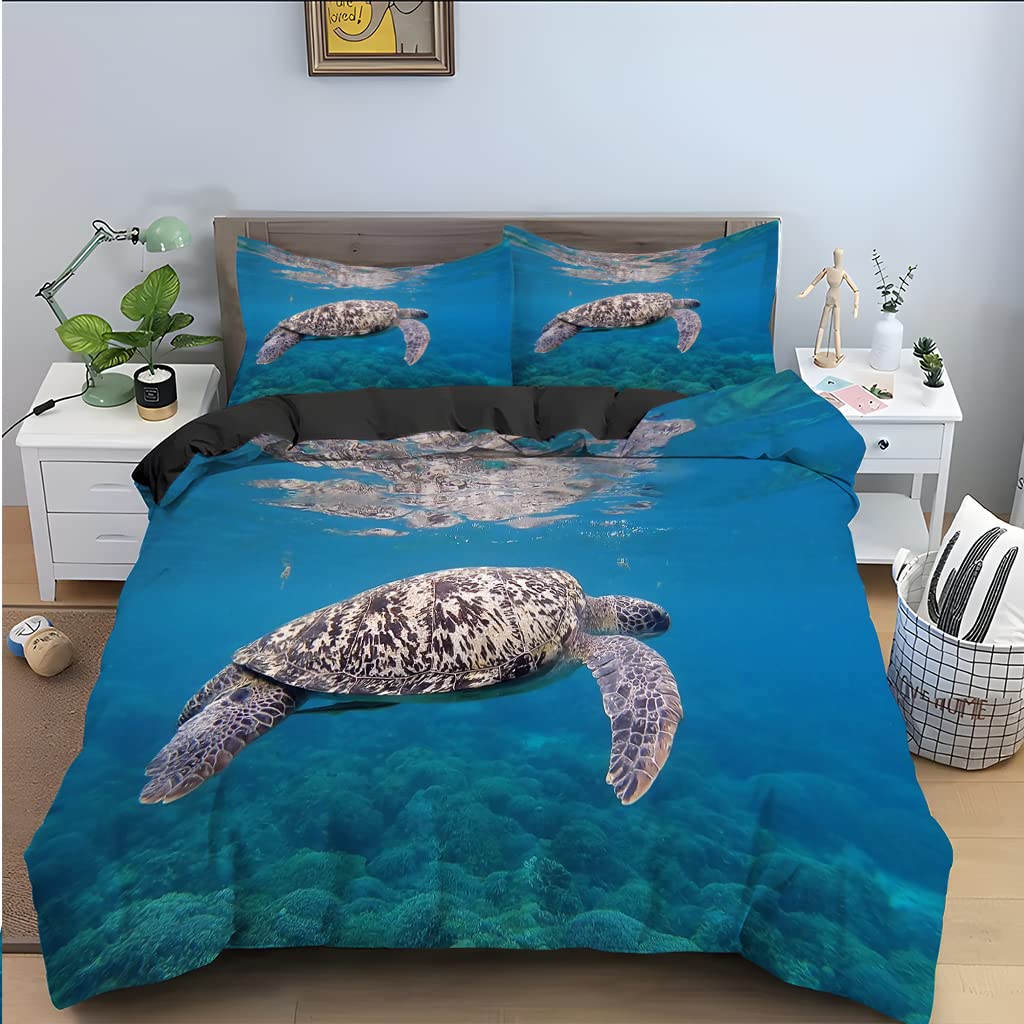 Parure housse de couette 140x200 tortue bleue en microfibre premium 110g/㎡ douce et durable