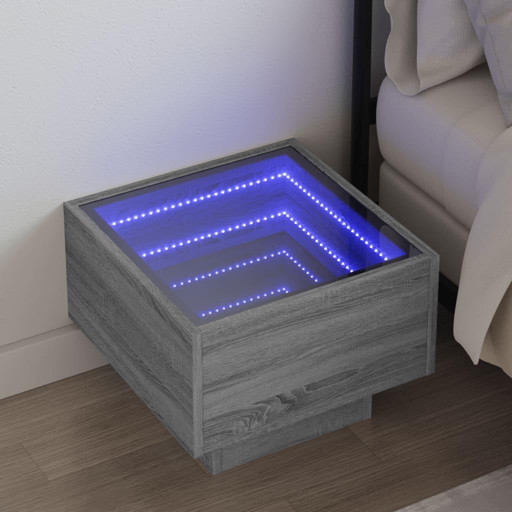 Homgoday Mesita de noche con Infinity LED Mesita de noche Mesilla de noche Consola de Noche Mesa de Sofá Mesa auxiliar para cama dormitorio salón gris Sonoma 40 x 40 x 30 cm