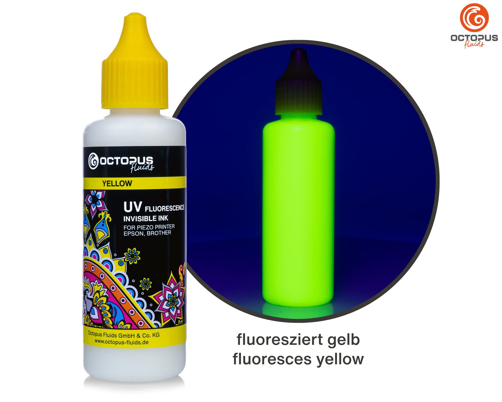 Octopus 4X 50ml Encre UV fluorescente invisible compatible pour Epson et Brother, Blanc, Cyan, Magenta, Jaune
