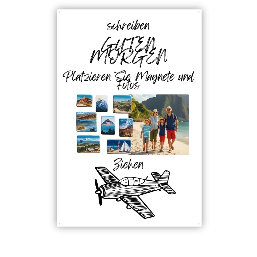Magnettafel Unsere Reisen Weiß 80x55 cm | Magnetisches Stahlboard für Magnete, Fotos und Notizen, Beschreibbar, Montageset inklusive