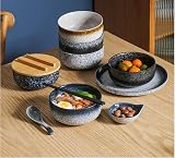 Porcelanowa Miska Ramen,Zestaw Misek Do Ramenu,JapońSka Miska Ceramiczna,JapońSka Miska Soup Bowl,Ceramiczna Miska Z łYżEczką,PałEczkami Do Jedzenia (niebieski)