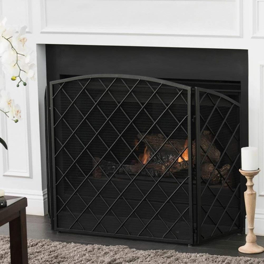 Fireplace Screen Guard, Wrought Iron Fireplace Screen, Partition 3 Panel Fireplace Door Fence with Mesh Cover, Baby Pet Safety Fire Guard Screen (Color : Gold)
