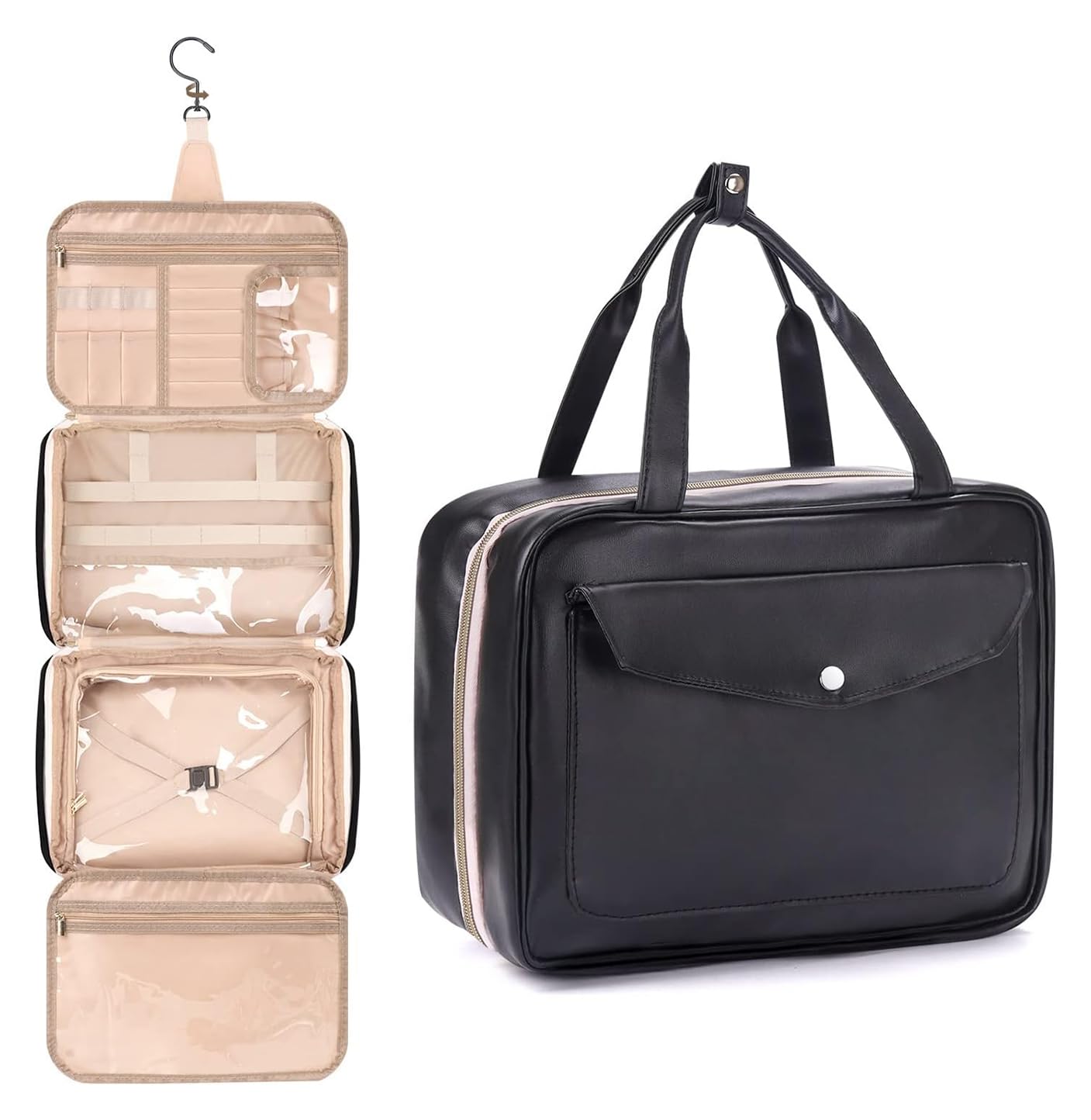 Waterproof Pu Leather Foldable Toiletry Kit Bag with Hanging Hook, Travel Storage Organizer, Vanity Make Up Organizer Bag for Women, Full Size Container for Toiletries, Black - 10 Cm-image-40