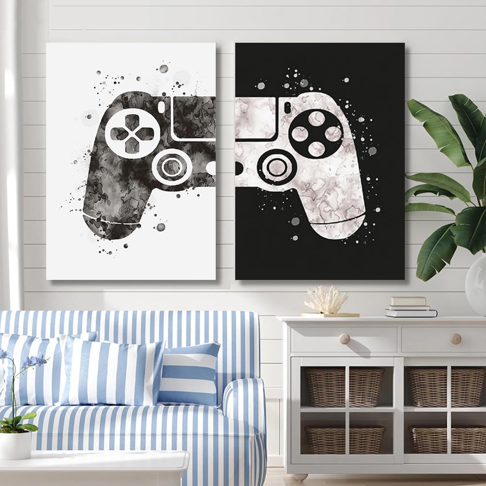 Póster de gamepad para pared, lienzo para niños, decoración de sala de juegos, póster de pared con temática de videojuegos, lienzo para pared de videojuegos en blanco y negro, arte de pared para