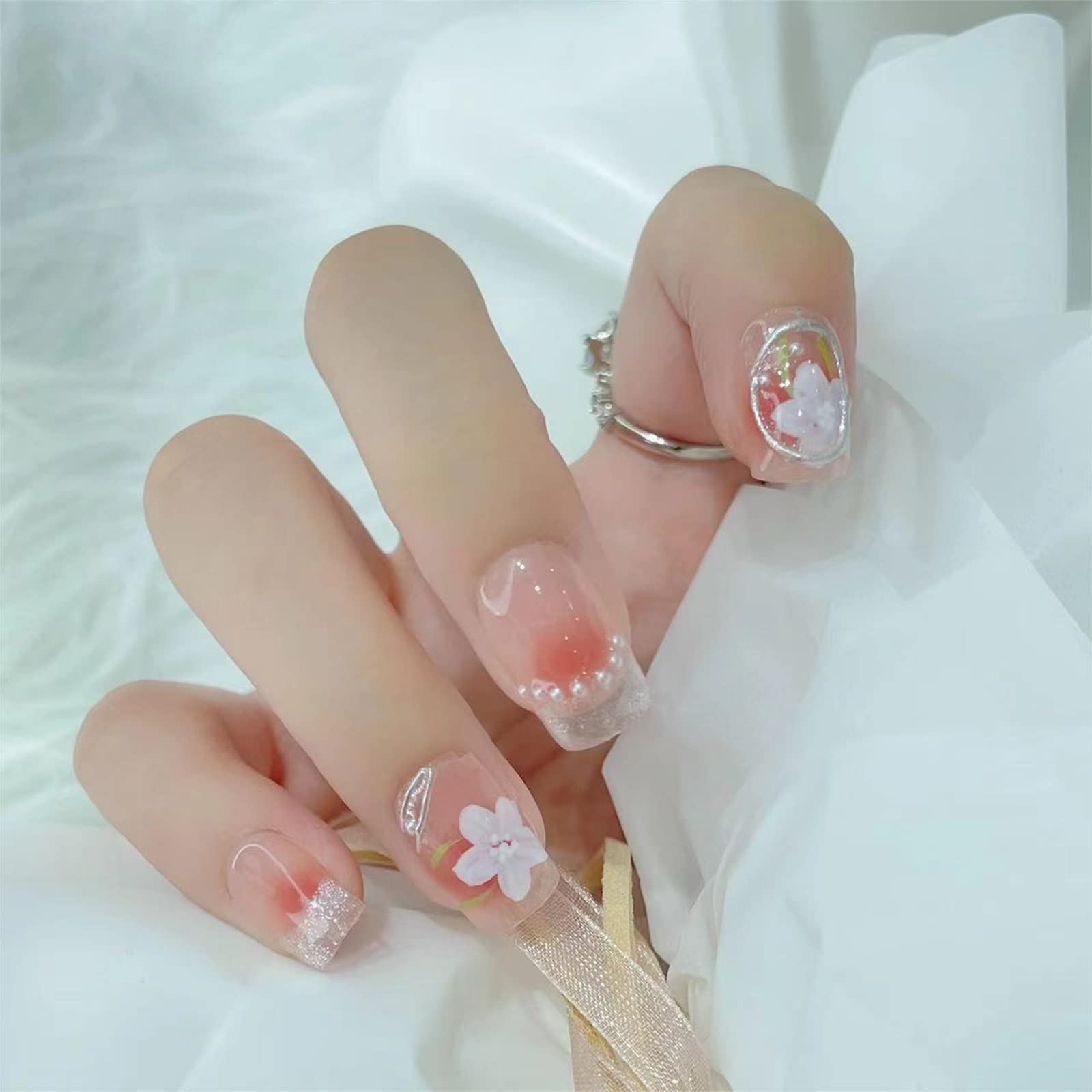 Press On Nails, 10 Stück tragbares Maniküre-Stück, handgefertigte Kunstnägel, wiederverwendbares künstliches Kunstnägel-Set für Frauen und Mädchen (L, F) (DS)