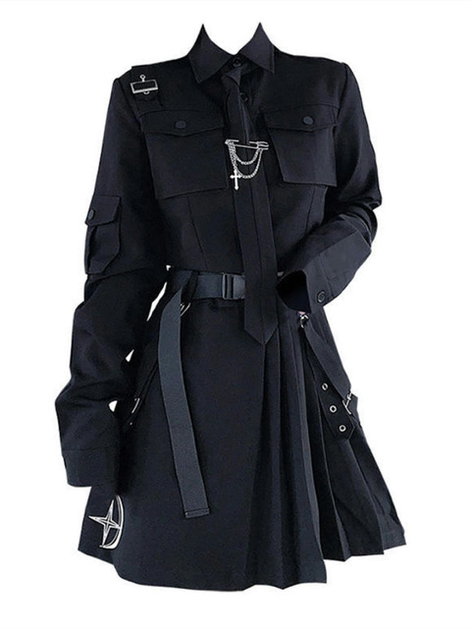 Weiting Girls Shirt Skirt Emo Gothic Cargo Shirt Suit E Punk Chain Ribbon Skirts Goth Dress Autumn Streetwear Harajuku Black Grunge Aesthetic Clothes-M