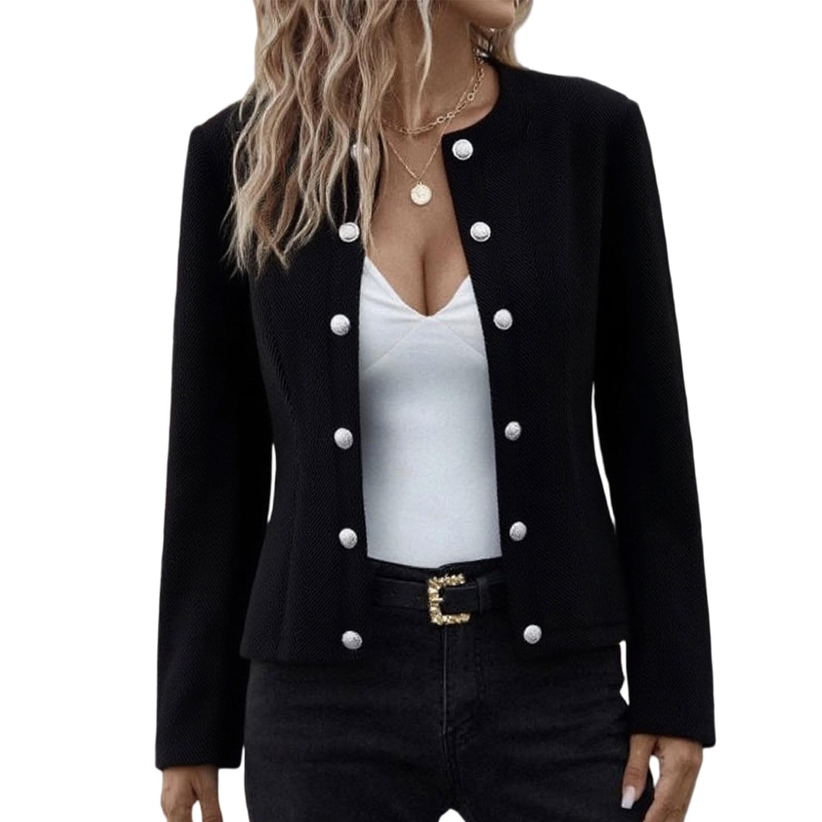 Open Front Blazers for Women Casual Long Sleeve Buttons Office Suit Jacket Fashion Slim Fit Coat Cropped Jacket