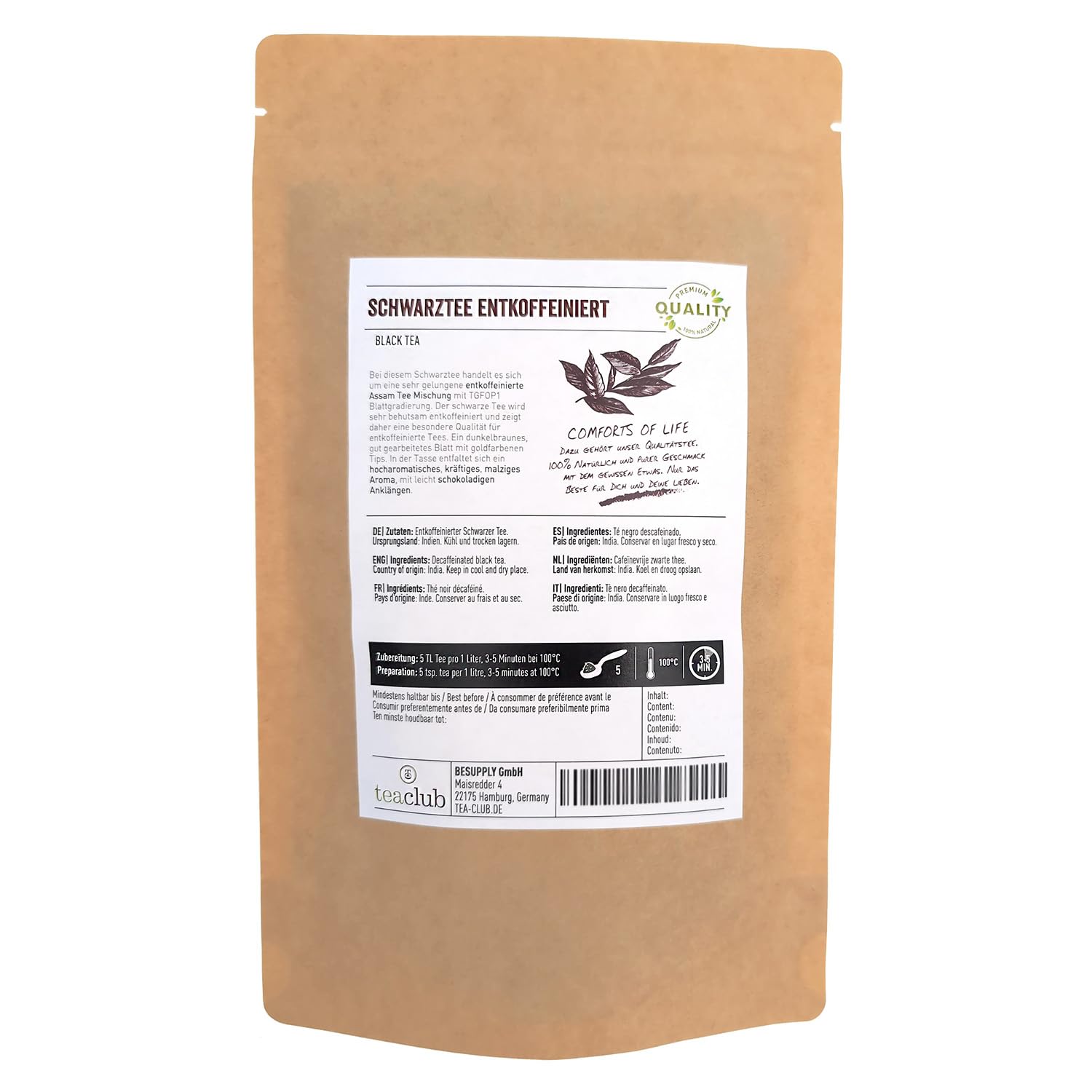 TeaClub Assam Schwarzer Tee Entkoffeiniert Lose 500g – TGFOP1 Assam Tee | CO₂-entkoffeinierter Assam Schwarztee, kräftig-malzig, Golden Tips, TGFOP1, glutenfrei, Koffeinfreier Schwarztee im Doypack
