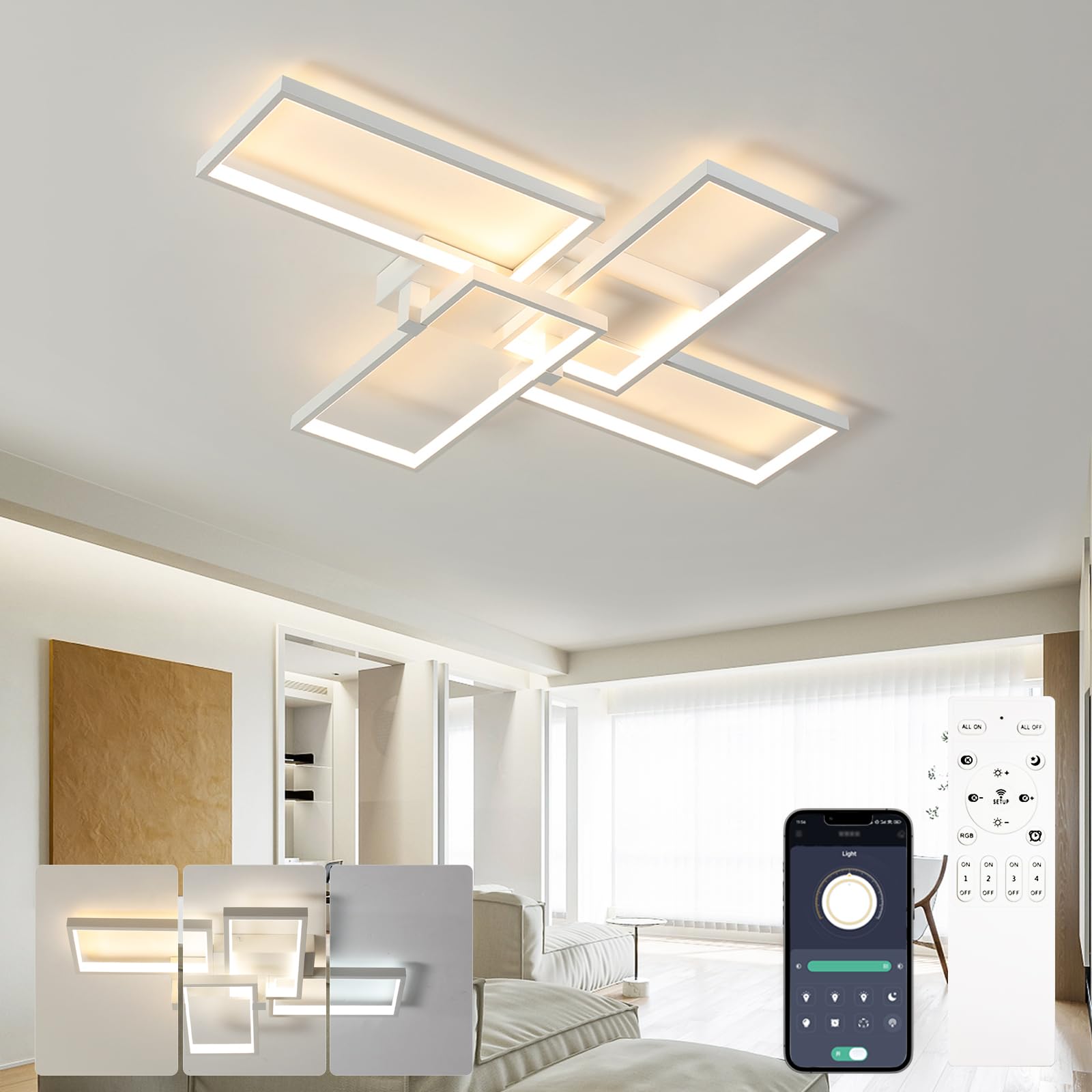 DJChen Led Ceiling Lights Dimmable, 23.6In Modern Chandeliers Ceiling Light, 48W, 3000K-6000K, 3840lm, No Flicker, Memory Function, Light Fixture Ceiling for Living/Sitting Room, Bedroom, Lounge-White