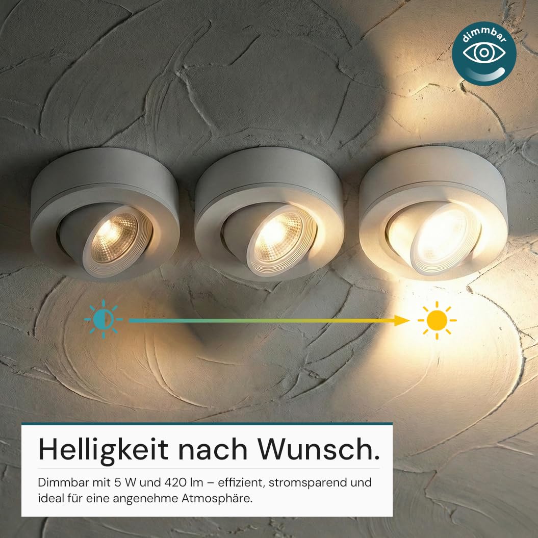 LUXULA LED Einbaustrahler dimmbar flach Weiß 6 Stück - Ein-/Aufbauspot 230V, Deckenleuchte 60° schwenkbar, 5 W 420 lm, CCT 3000K 4000K 6500K, Lochmaß 70-75mm, Deckenspots, LED Aufbaustrahler