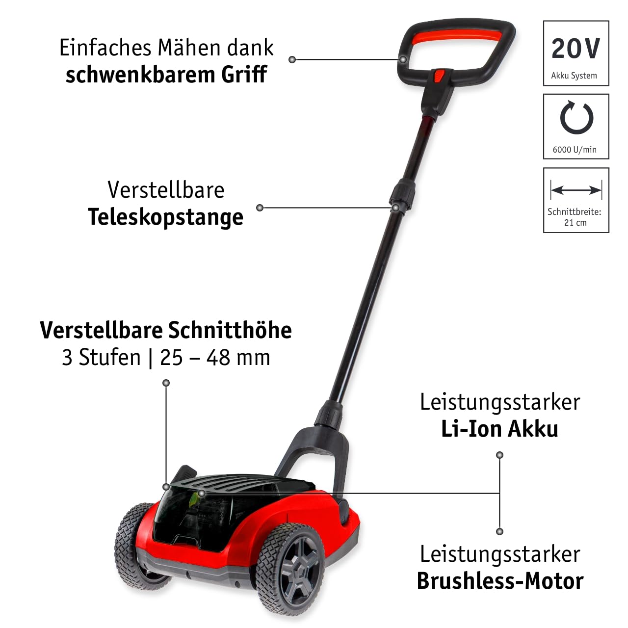 WALTER Akku-Handrasenmäher 20V - Bürstenloser Motor, Einstellbare Schnitthöhe 25-48 mm, Leicht und Flexibel, Inkl. 2,0Ah Li-Ionen-Akku & Ladegerät, Ideal für Kleine Rasenflächen bis 50 m²