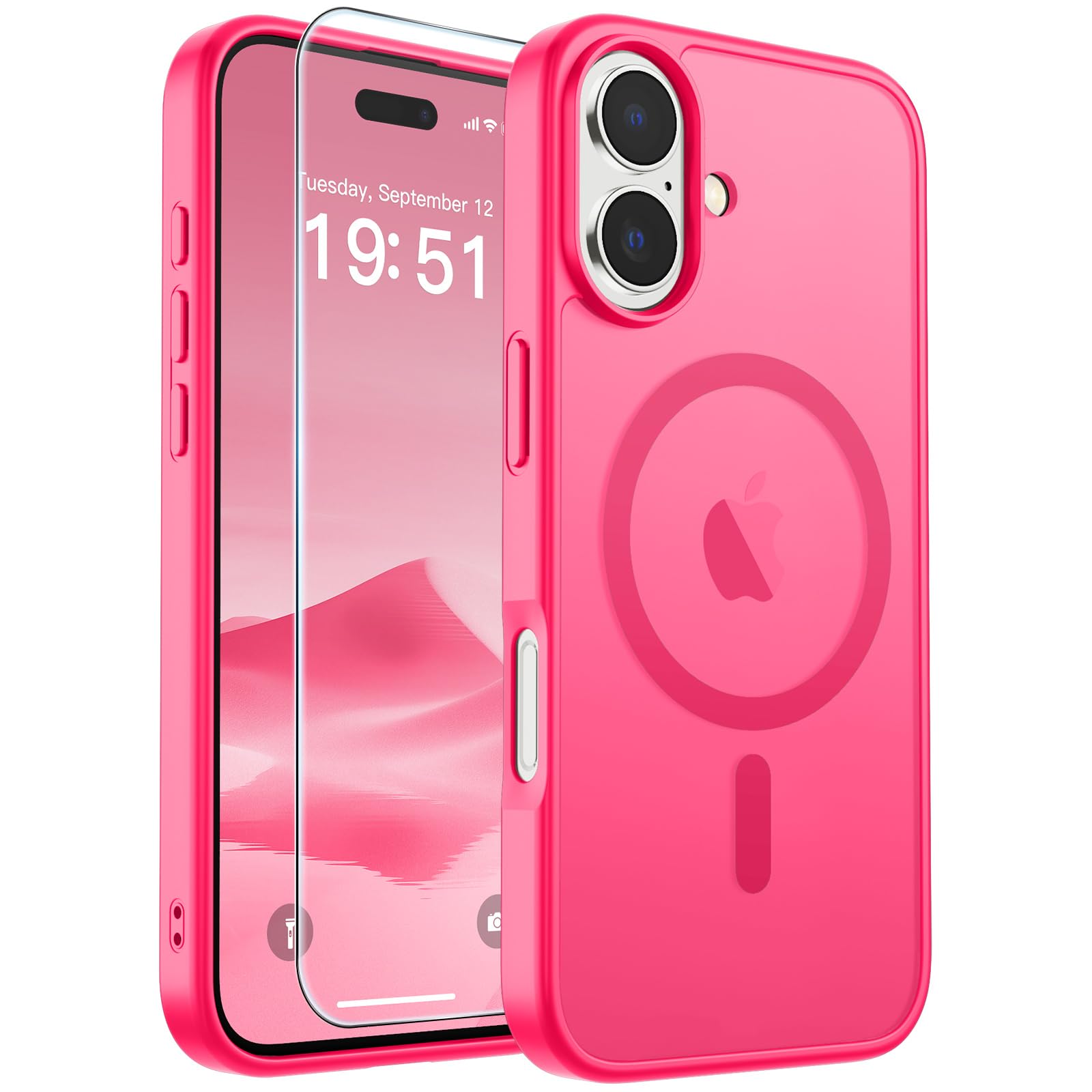SUPFINE Magnetic for iPhone 17 Case Hot Pink with Screen Protector | Translucent Matte Phone Cover, Compatible with MagSafe, Military Grade Drop Proof, Rugged Shockproof Protective