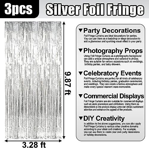 Image of 3 Pack Silver Foil Fringe Curtain Backdrop, 3.28Ft x 9.8Ft Metallic Tinsel Foil Fringe Streamer Curtains for Photo Booth, Christmas Day, Thanksgiving, Wedding, New Year Party Decorations