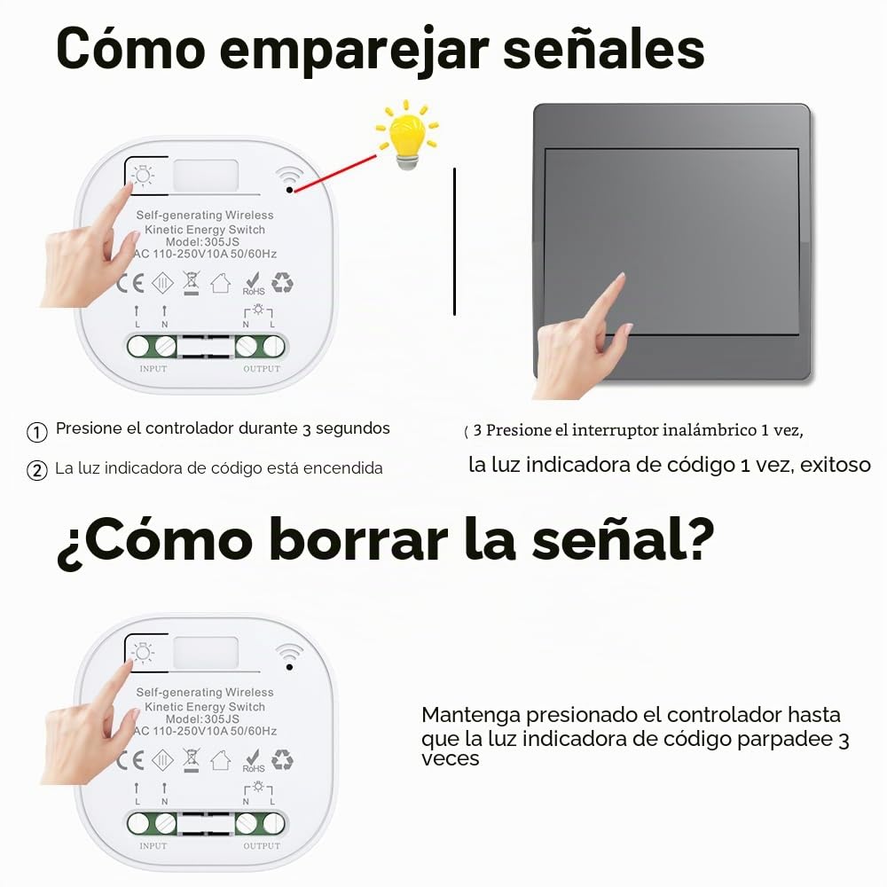 gris Kit de interruptor cinético inalámbrico autoalimentado interruptores de luz teledirigidos RF interruptor cinético inalámbrico sin pila interruptores de radio inalámbricos (Gris 1Gang 1V1