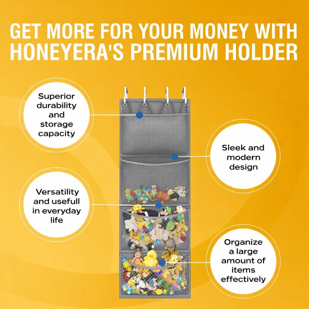 Honeyera Storage for Stuffed Animal - Over Door Organizer for Stuffies, Baby Accessories, and Toy Plush/Easy Installation with Breathable Hanging Pockets (Gray)