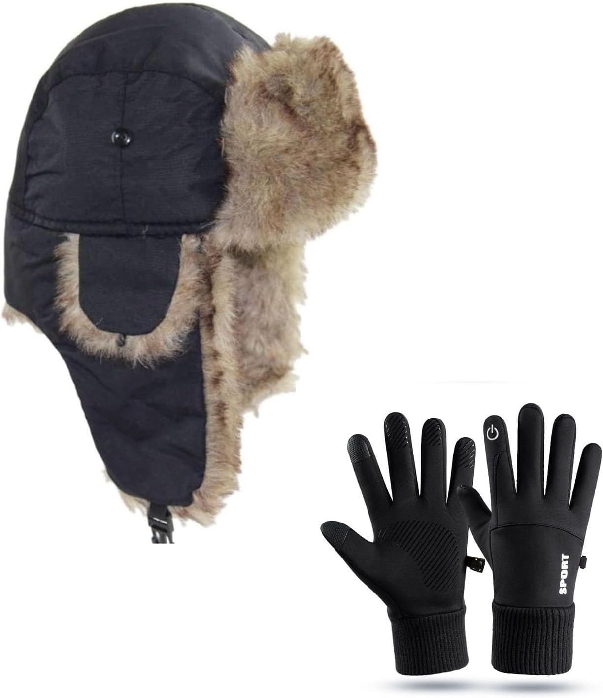ASWER Warm Trapper Trooper Hat Winter Skiing Cap Gloves Set Touch Screen Women Men