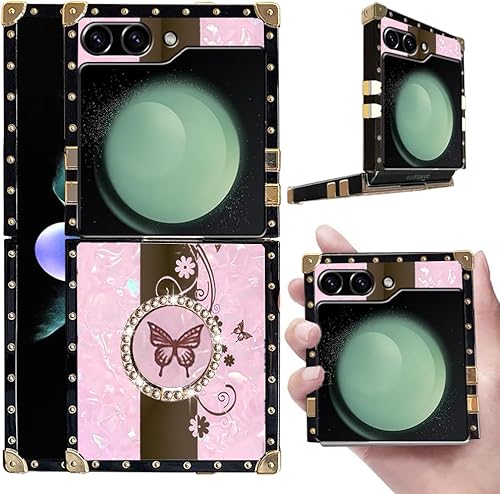 B-wishy Funda de TPU para Samsung Galaxy Z Flip 5 con soporte de anillo, remache cuadrado para niñas y mujeres, cristal antigolpes, delgada, a