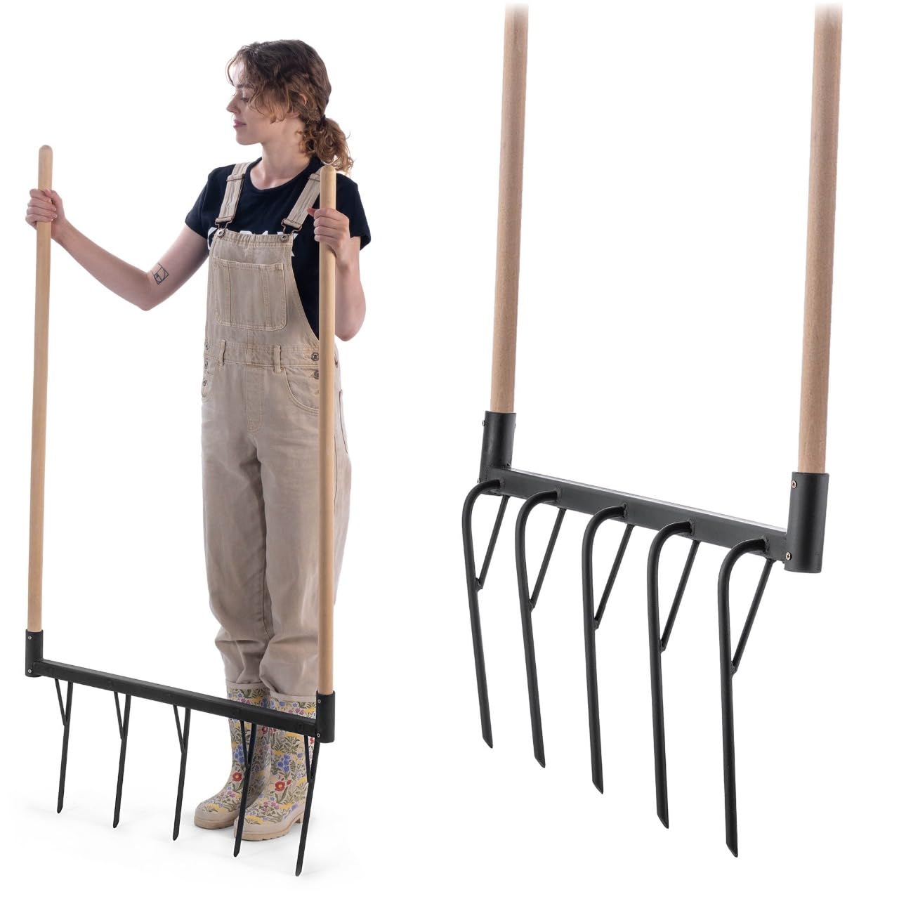KADAX Digging Fork with 5 Prongs and Long Wooden Handles, Sturdy Hand Cultivator for Loosening Soil and Gardening, Double Digging Fork (with Handle)