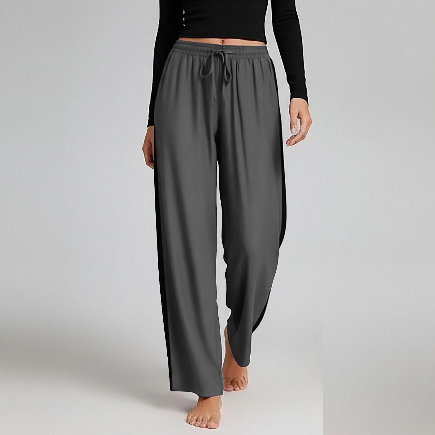Women Wide Leg Pants Drawstring Elastic High Waisted Pants Casual Palazzo Trousers with Pockets Comfy Lounge Pant