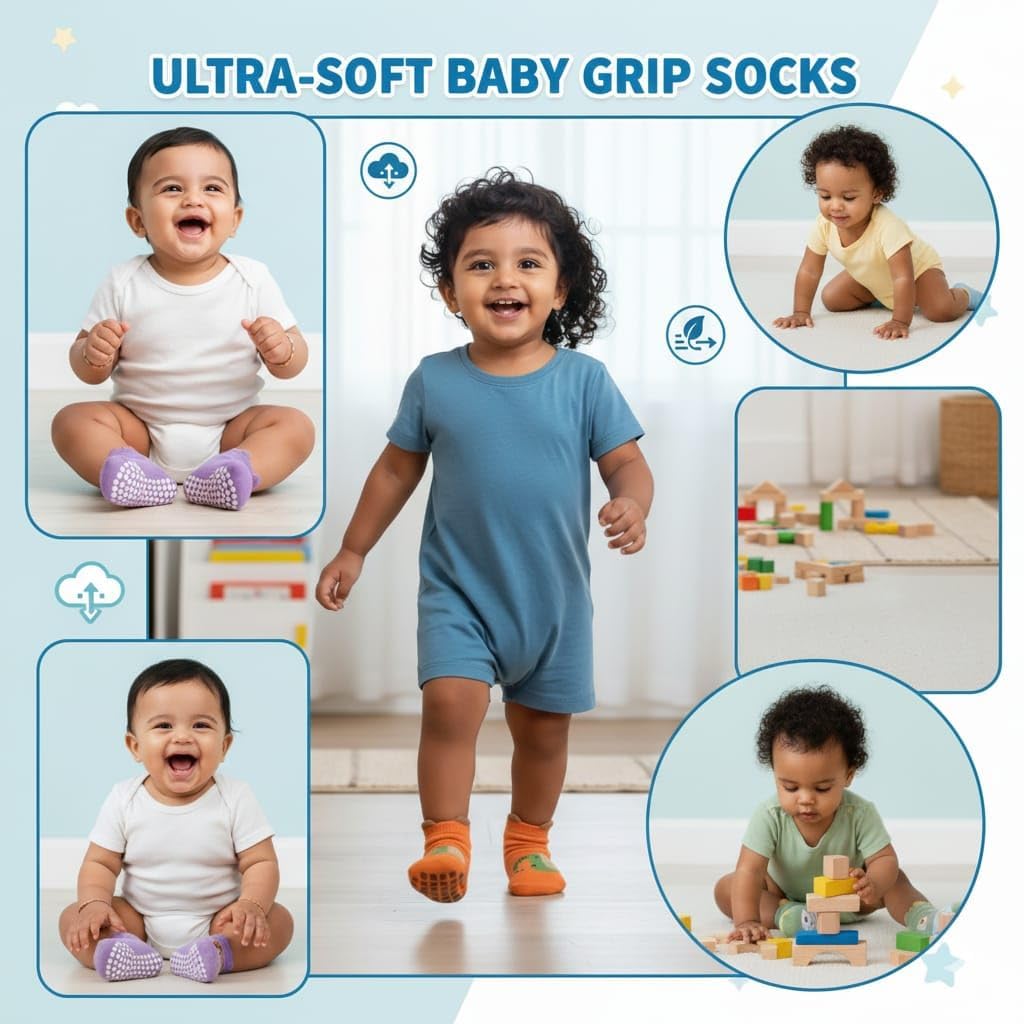 KANAKADHARA 4 Pairs Toddler Baby Socks for Boys & Girls | Non-Slip Ankle Grips for Crawling & Walking | Soft Combed Cotton | Anti-Skid, Breathable & Comfortable Socks | Age 0-3 Years (4 Pair) 3